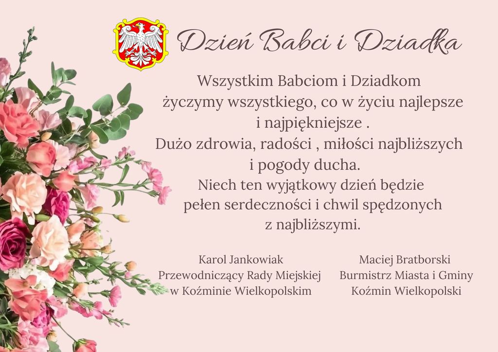 Na różowym tle kwiaty, herb i tresć życzeń